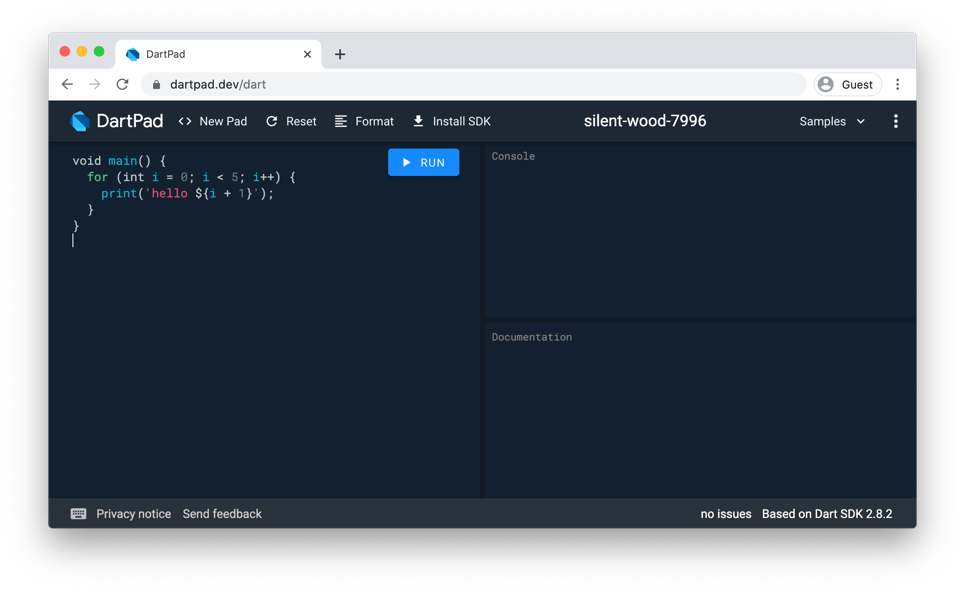 Muestra cómo se ve una aplicación Hello World en DartPad