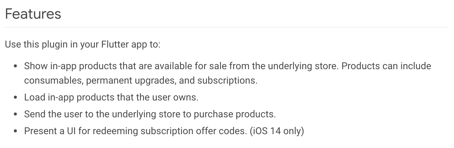 lista de características del paquete in_app_purchase