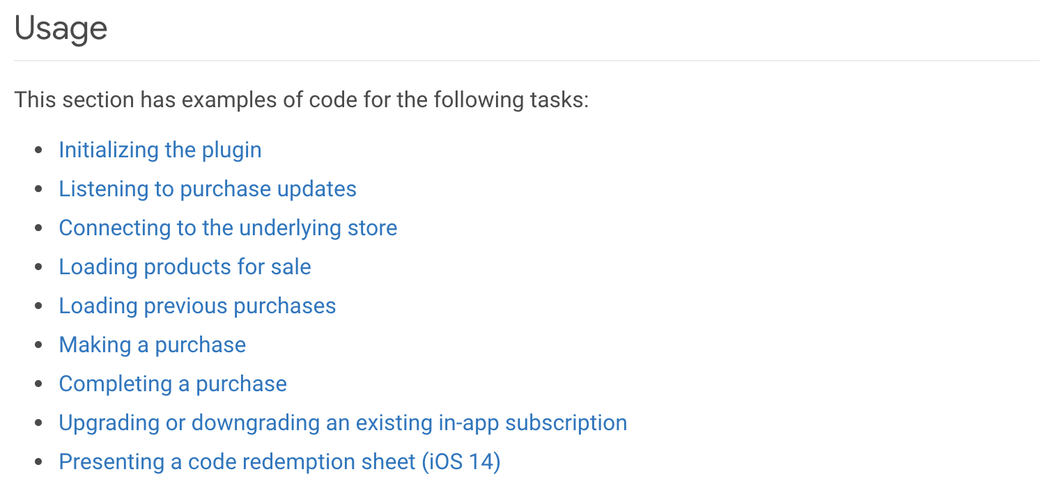 contenido de la sección de uso del paquete in_app_purchase