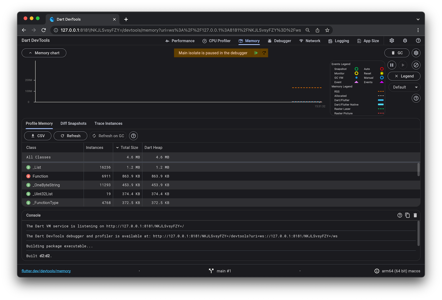 Captura de pantalla de la página de Memoria de DevTools