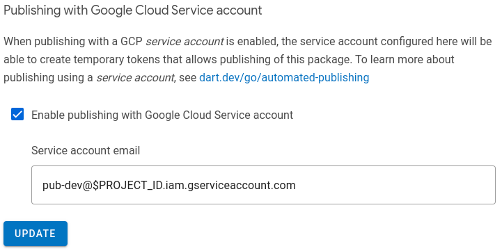 Configuración que permite a la cuenta de servicio publicar en pub.dev