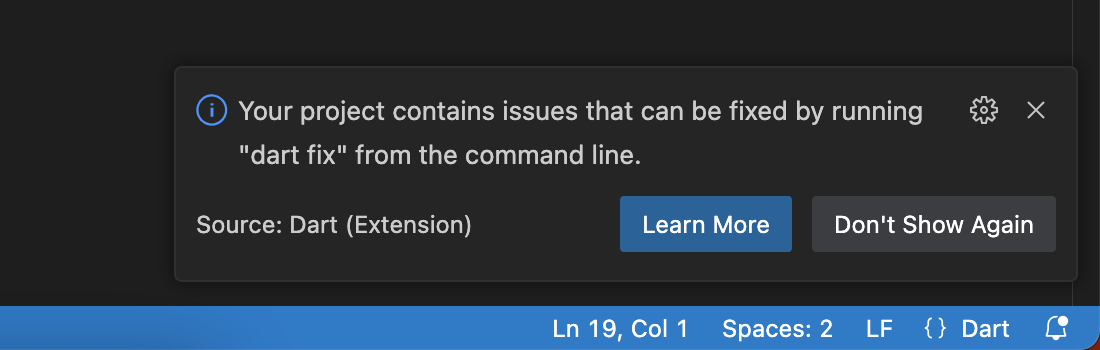 Notificación de VS Code sobre 'dart fix'