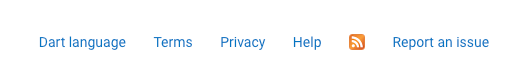 El pie de página del sitio web pub.dev mostrando enlaces a 'Dart language', 'Terms', 'Privacy', 'Help', y un ícono RSS.