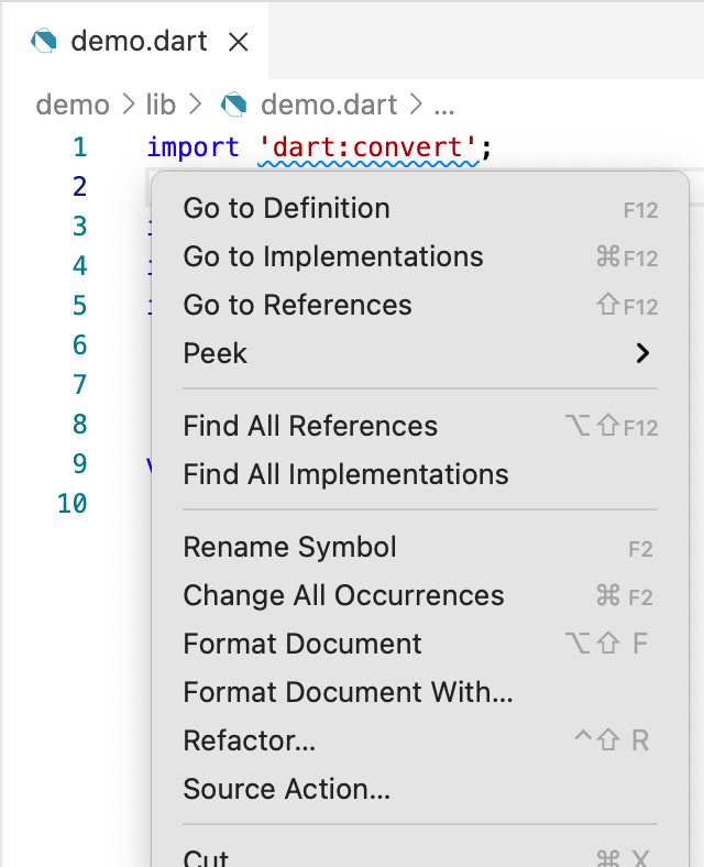 El menú contextual de clic derecho en Visual Studio Code con 'Source Action...' resaltado.