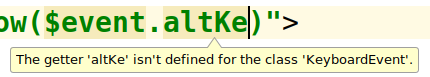 Diagnóstico de KeyboardEvent para una propiedad de evento mal escrita en un IDE.