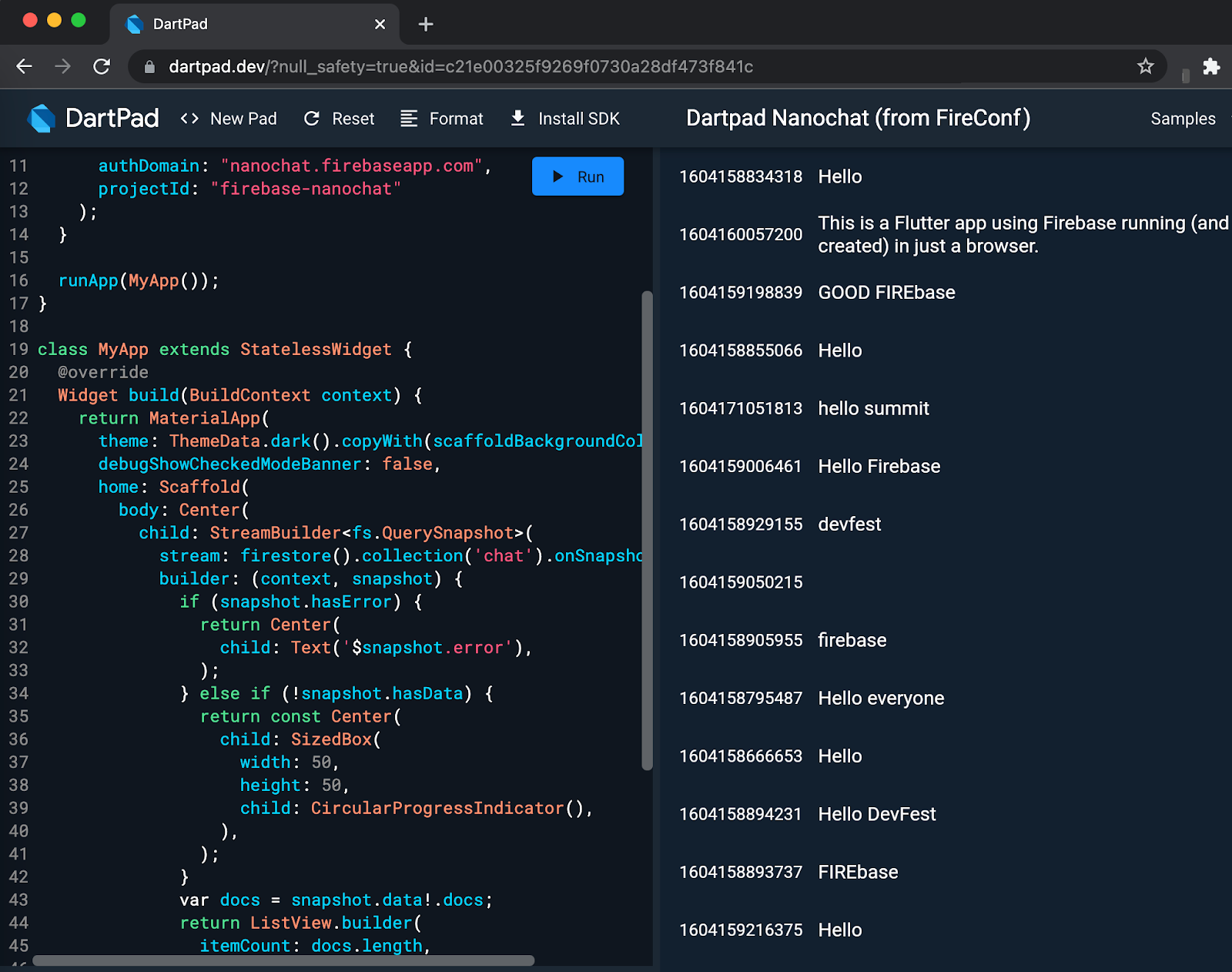 App de chat básica construida con Firebase en DartPad.