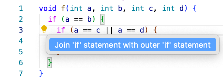Visual Studio Code mostrando la asistencia rápida para unir una sentencia if con una sentencia if externa.