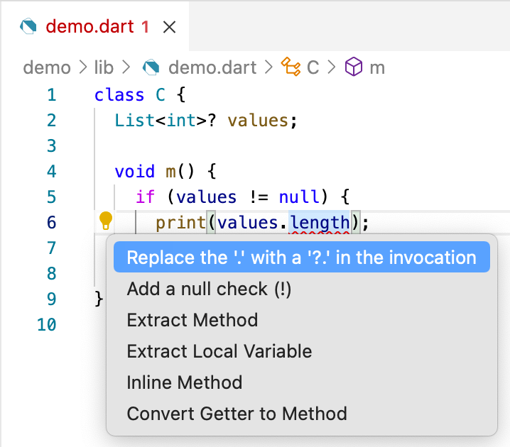 Menú de acciones de Visual Studio Code ofreciendo reemplazar '.' con '?.' o añadir una verificación de null para values.length.