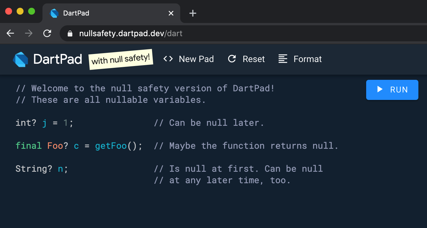 DartPad con el experimento de null safety habilitado y fragmentos de código interactivos.