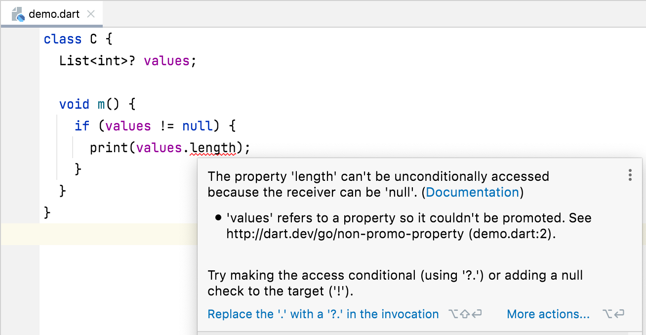 Texto flotante en IntelliJ IDEA explicando que values.length no puede ser accedido incondicionalmente y ofreciendo la corrección rápida ?..