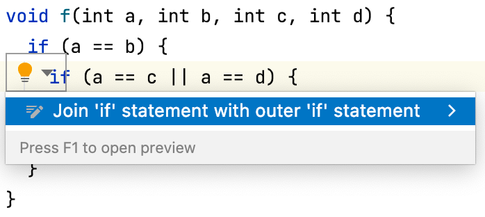 IntelliJ IDEA mostrando la asistencia rápida para unir una sentencia if con una sentencia if externa.