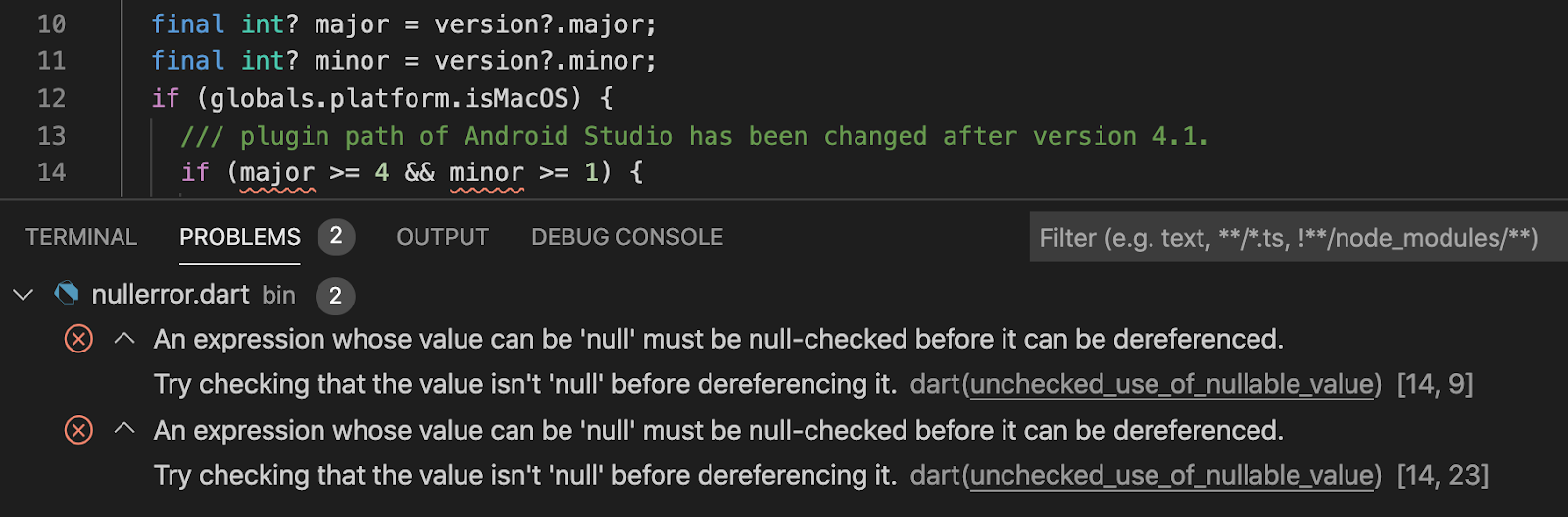 Una interfaz de editor mostrando un error de compilación porque una variable nullable se usa sin una verificación de null.
