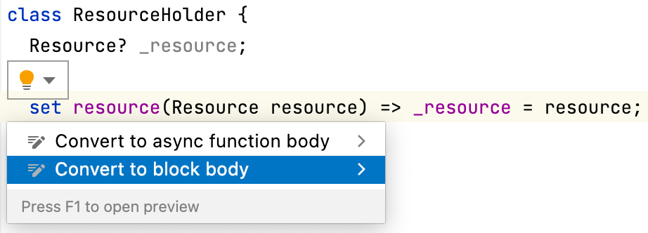 IntelliJ IDEA mostrando la asistencia rápida para convertir un cuerpo de expresión a un cuerpo de bloque.