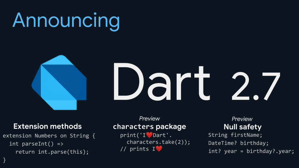 Anunciando Dart 2.7: Un Dart más seguro y más expresivo