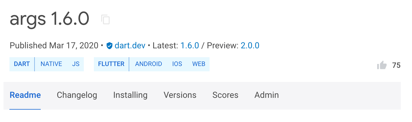 Página del paquete args en pub.dev con una versión estable 1.6.0 y una versión preview 2.0.0.