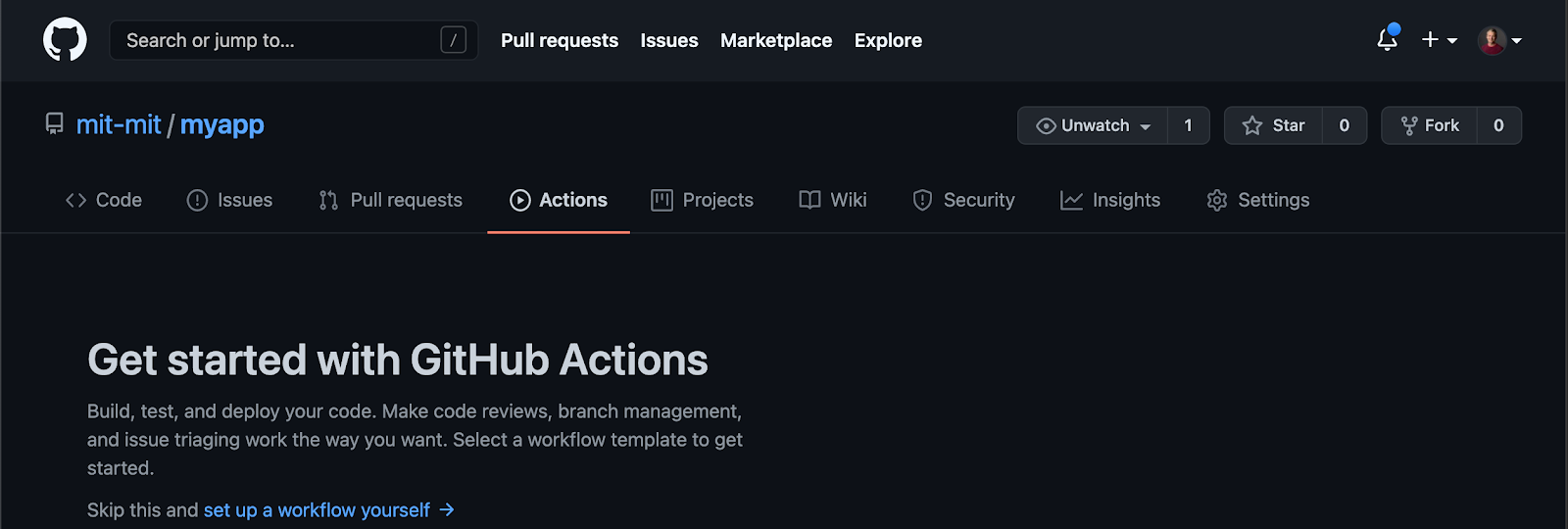 La pestaña Actions en la interfaz web de GitHub.