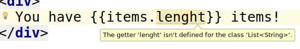 Diagnóstico de plantilla para el getter length mal escrito en un IDE.