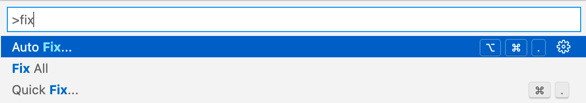 La paleta de comandos de Visual Studio Code con 'fix' escrito en la barra de búsqueda, mostrando el comando 'Fix All'.