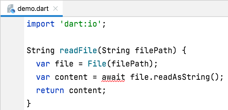 Un IDE mostrando el código 'await file.readAsString();' con una línea roja ondulada debajo de 'await' y un error sobre usar await en una función no async.