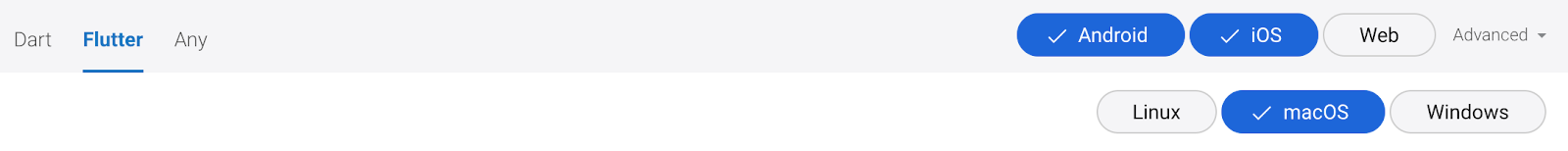 Opciones de búsqueda avanzada de pub.dev mostrando filtros para plataformas de escritorio.
