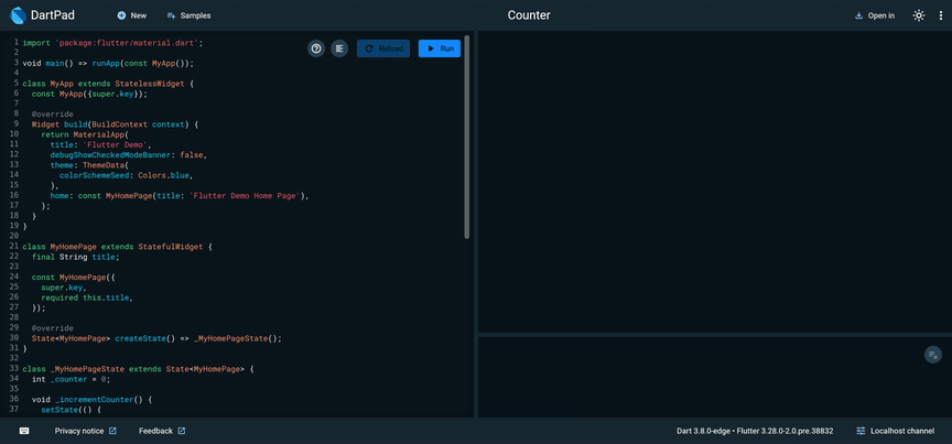 Animación mostrando stateful hot reload de Dart habilitado para una app web en DartPad.