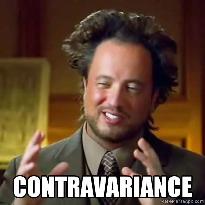 Primer plano de un meme de una persona gesticulando con la palabra 'Contravariance'.