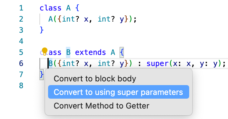 Visual Studio Code mostrando la asistencia rápida para convertir al uso de super parámetros.