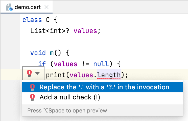 Menú de acciones de contexto en IntelliJ IDEA ofreciendo reemplazar '.' con '?.' o añadir una verificación de null para values.length.