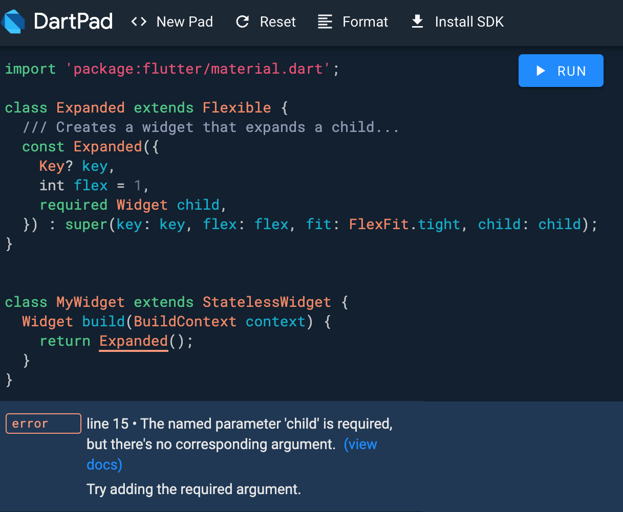 Error de análisis en DartPad para un parámetro required faltante.