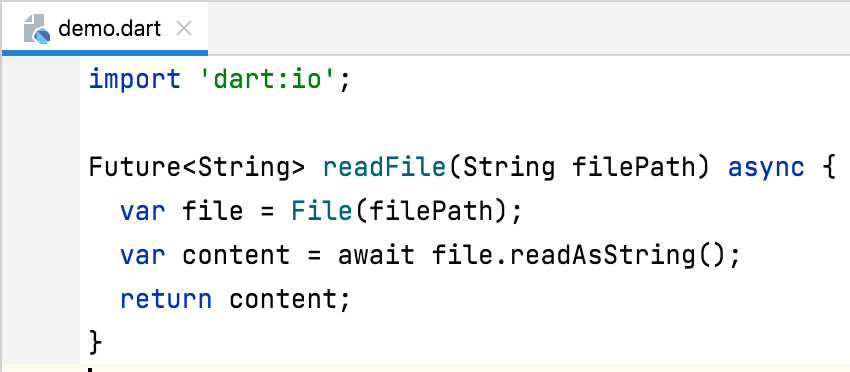 Un IDE mostrando el código después de la corrección rápida, ahora con la palabra clave 'async' y el tipo de retorno actualizado a un Future de String.
