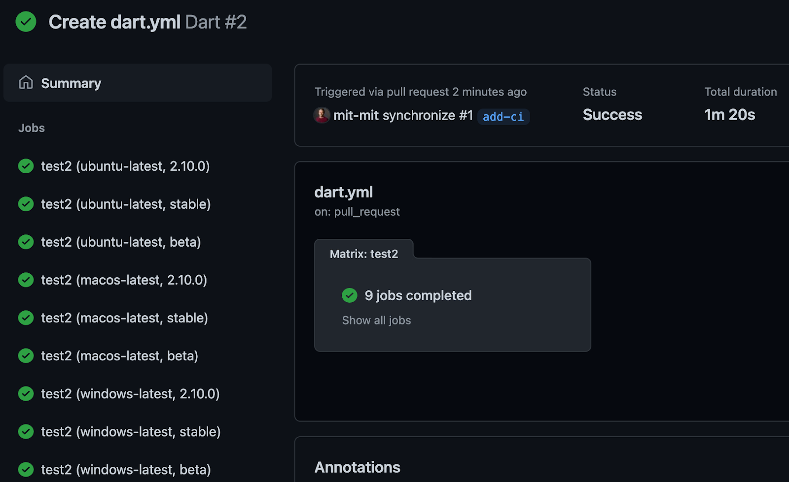 Nueve jobs de prueba ejecutados por separado resultantes de la matriz de GitHub Actions.