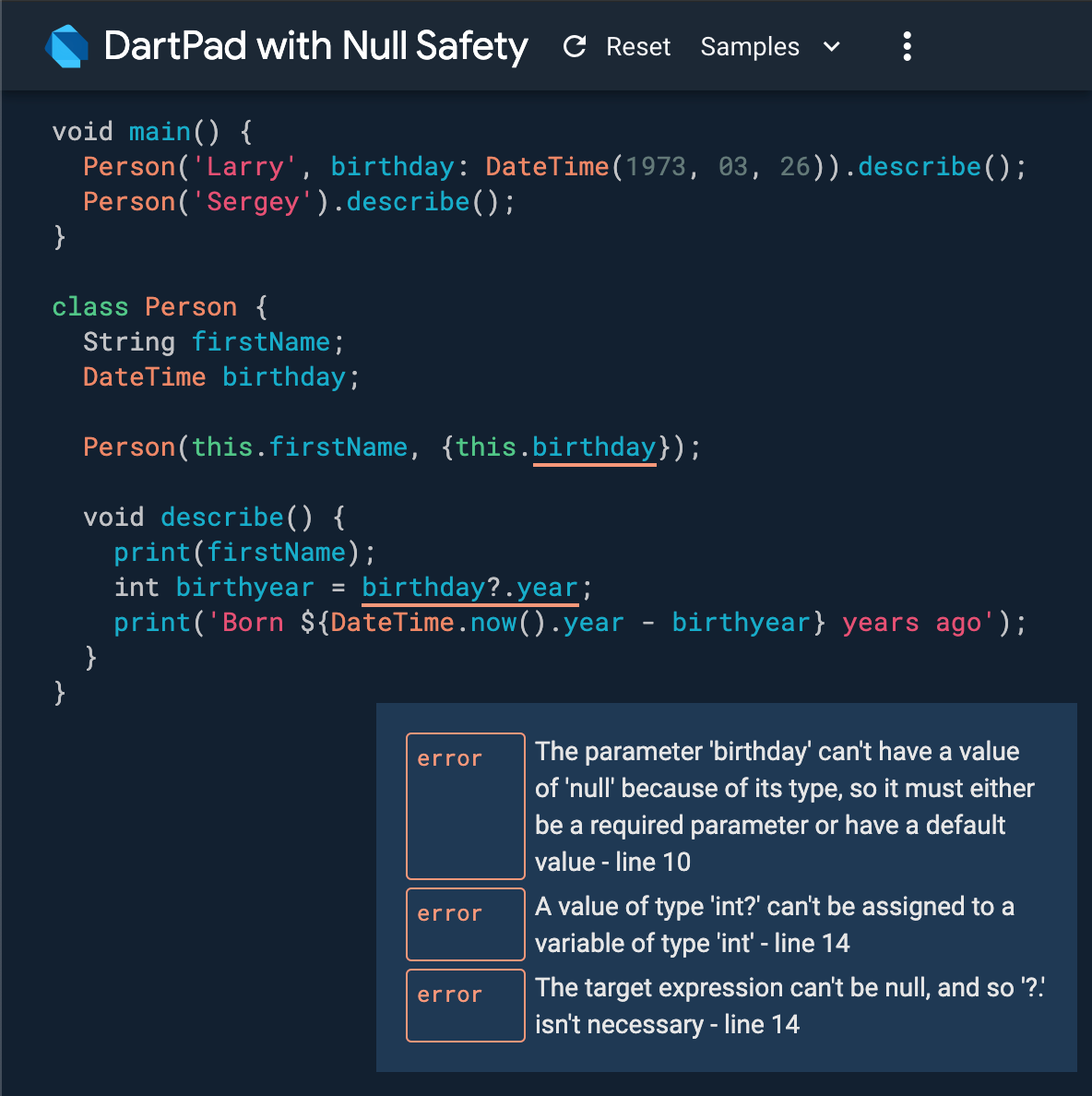 DartPad con null safety mostrando tres diagnósticos relacionados con null.
