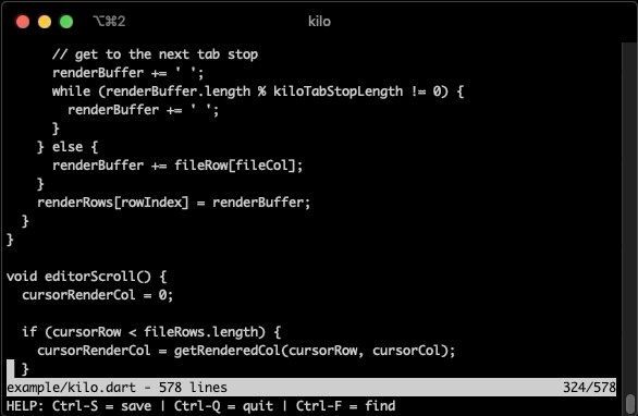 El editor kilo escrito en Dart y compilado a un ejecutable con dart2native editando su propio código fuente.