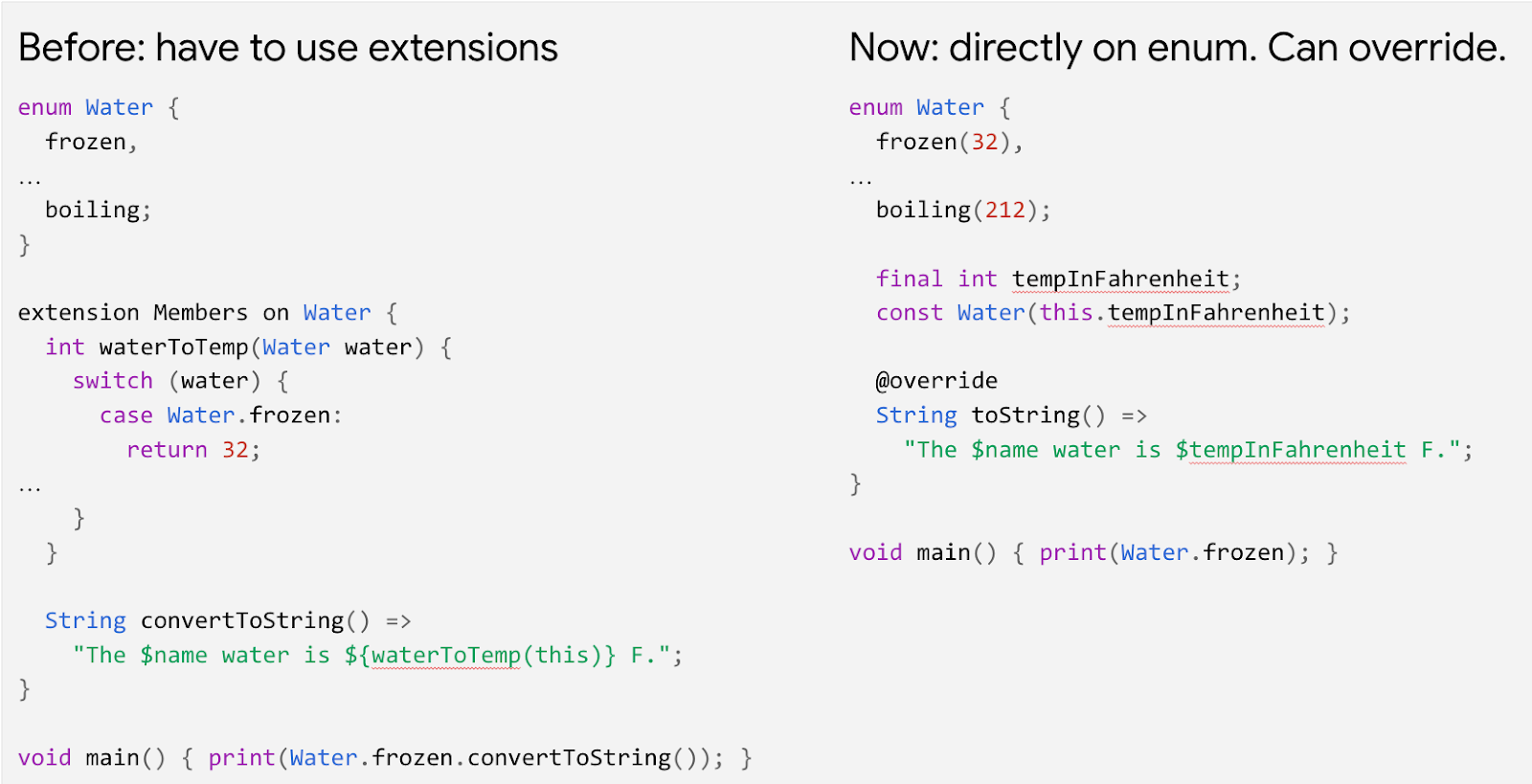 Fragmentos de código comparando enums antes y después de Dart 2.17, mostrando una legibilidad mejorada.