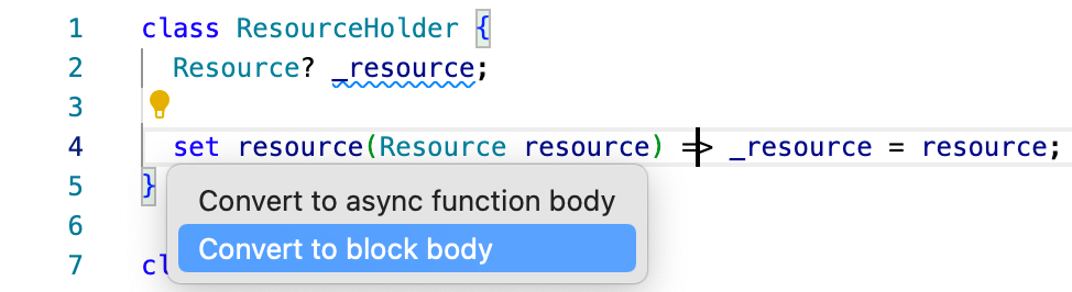 Visual Studio Code mostrando la asistencia rápida para convertir un cuerpo de expresión a un cuerpo de bloque.
