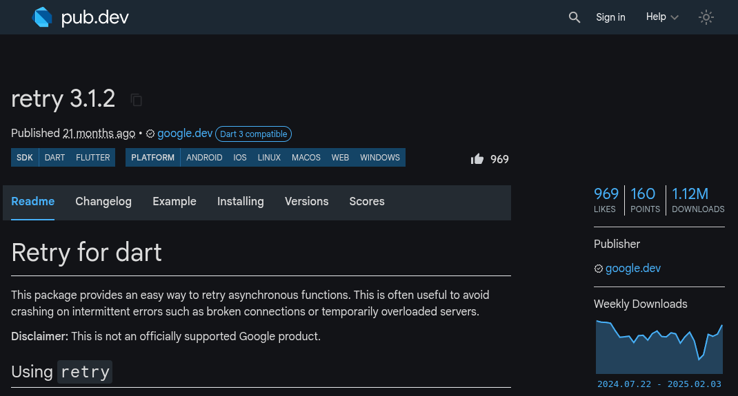 Captura de pantalla mostrando el toggle de modo oscuro y la UI en pub.dev.