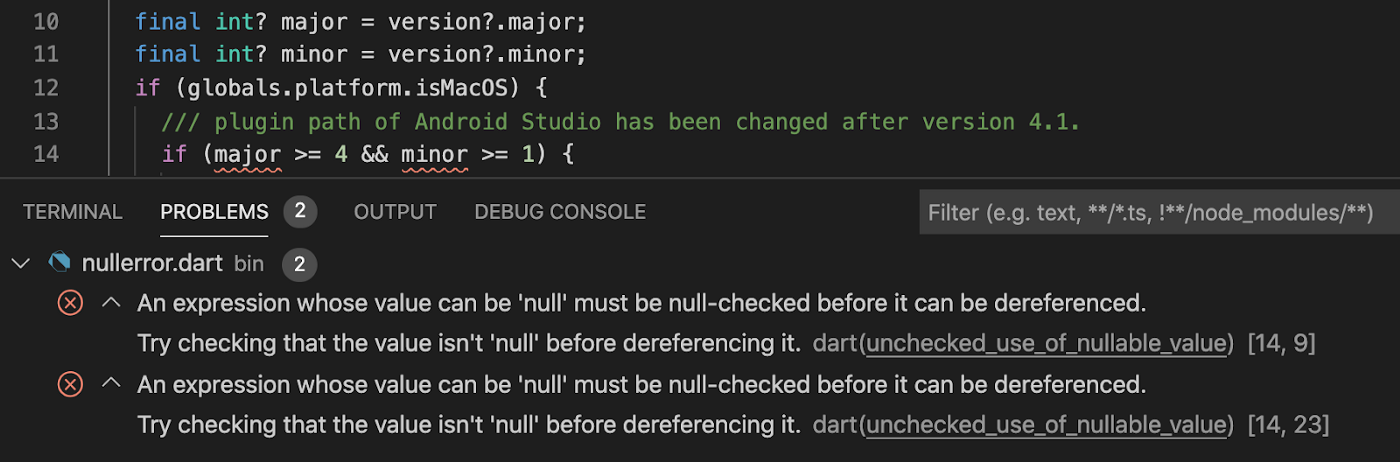 Output de análisis del IDE para issues de null safety de Dart.