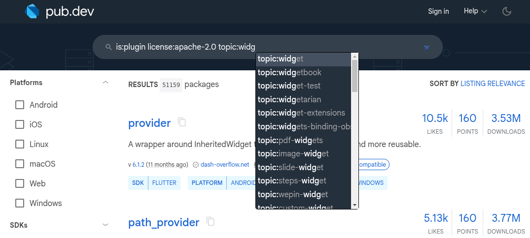 Captura de pantalla mostrando el autocompletador tipo IDE para palabras clave de búsqueda en pub.dev.