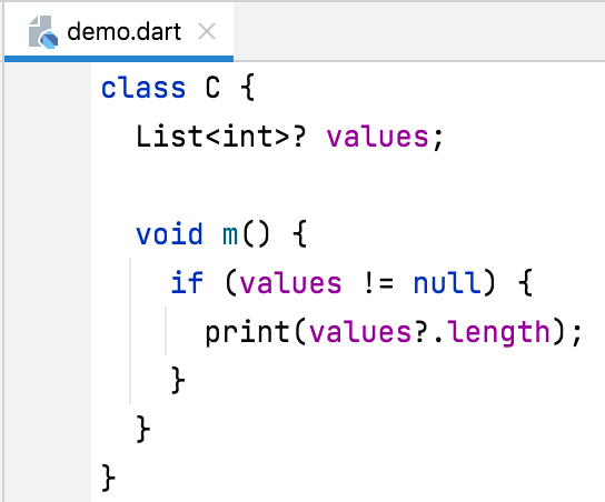 Código Dart después de aplicar una corrección rápida, reemplazando values.length con values?.length dentro de una verificación de null.