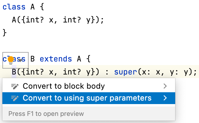 IntelliJ IDEA mostrando la asistencia rápida para convertir al uso de super parámetros.