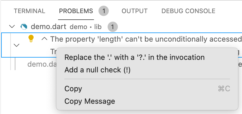 El menú contextual de Visual Studio Code para una entrada de problema mostrando las opciones 'Quick Fix' y 'Copy'.