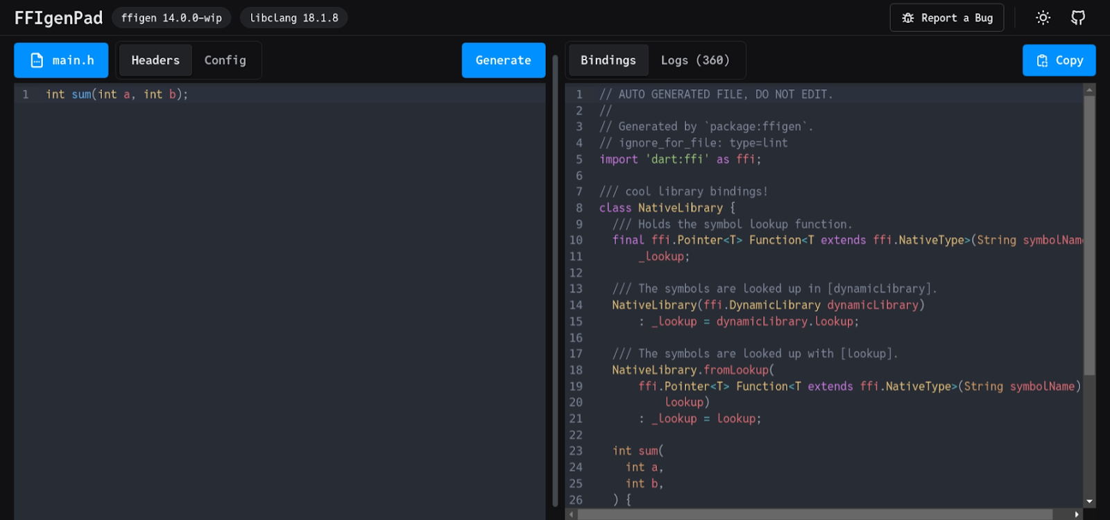 La interfaz web de FFIgenPad mostrando código C traducido a bindings FFI de Dart.