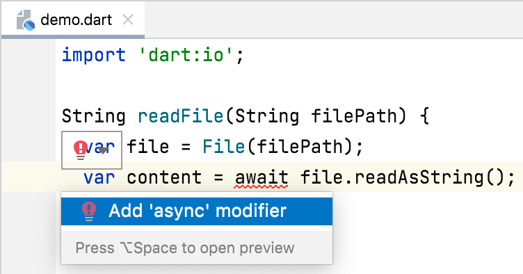 Un IDE mostrando el menú de corrección rápida con 'Add async modifier' resaltado para corregir el error de 'await'.