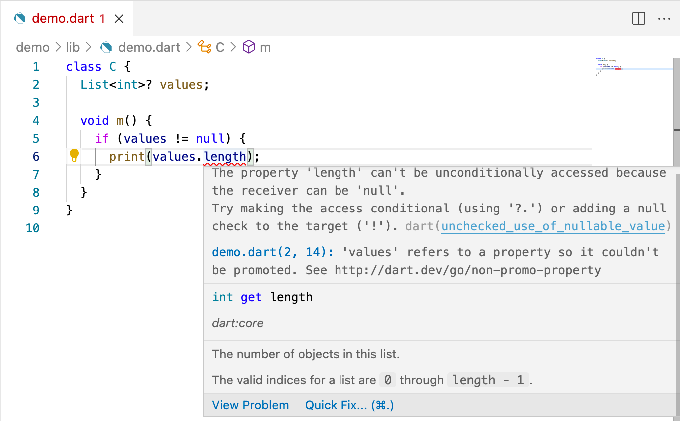 Un IDE mostrando el panel de Problems en Visual Studio Code con un menú de corrección rápida abierto ofreciendo reemplazar '.' con '?.'.