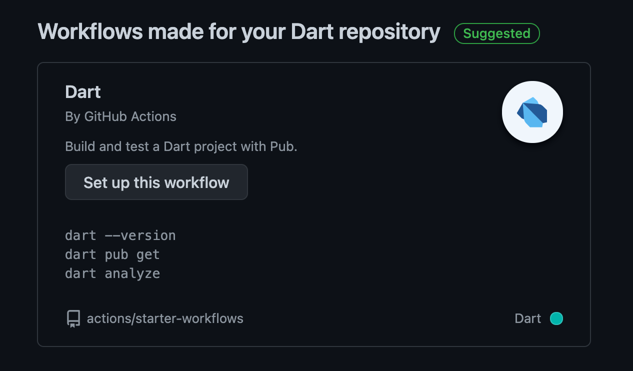 Un workflow de Dart sugerido en la interfaz de GitHub Actions.