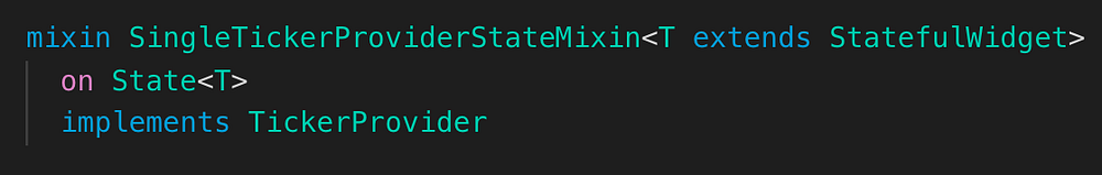 Código declarando SingleTickerProviderStateMixin como un mixin en State que implementa TickerProvider.