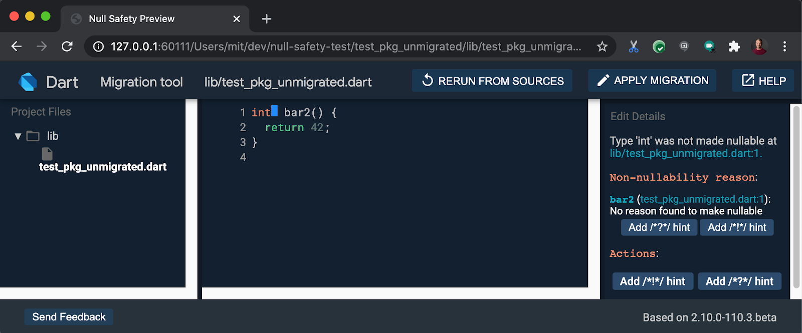 La interfaz interactiva de la herramienta dart migrate mostrando los cambios de código propuestos.