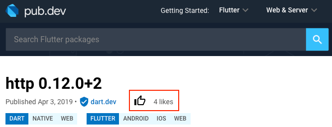 Página de detalle de paquete en pub.dev con el nuevo botón de votación de Like.
