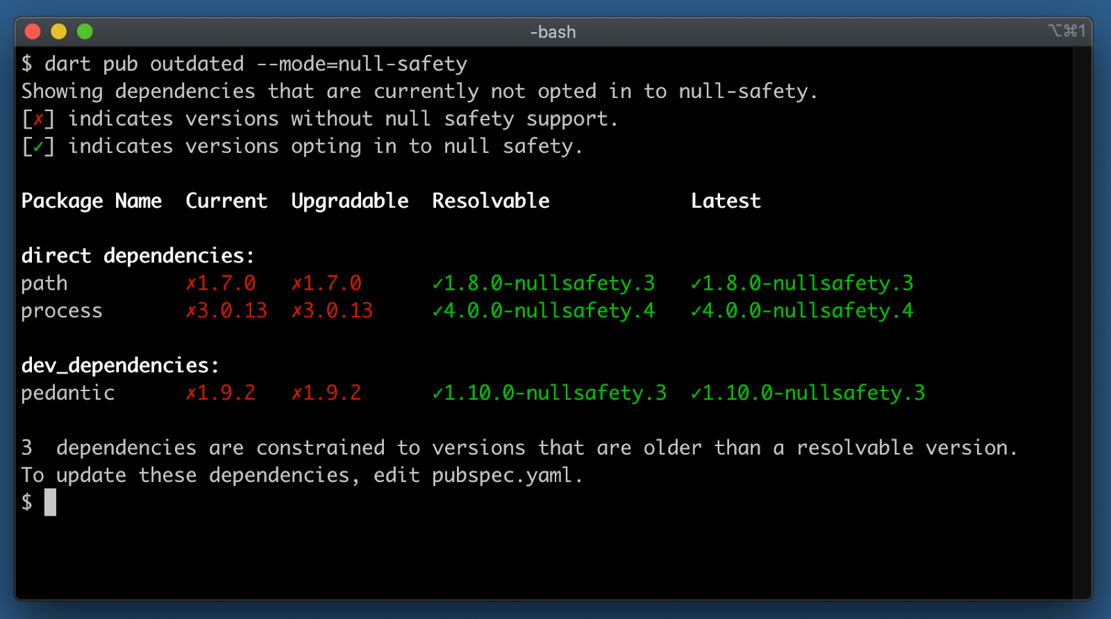 Salida de terminal del comando dart pub outdated mostrando el estado de migración de null safety.