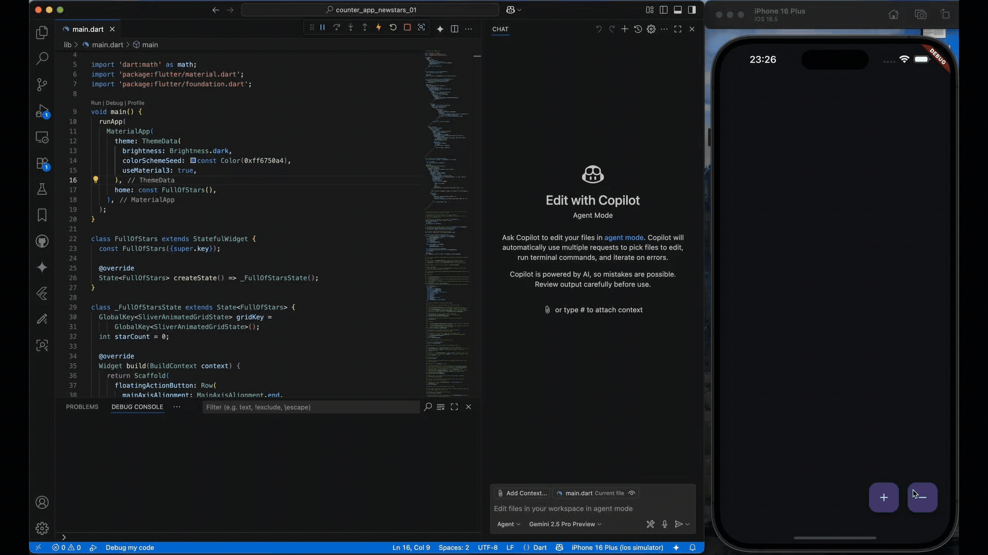 Animación demostrando un asistente de IA corrigiendo un problema de layout usando el Dart y Flutter MCP Server.